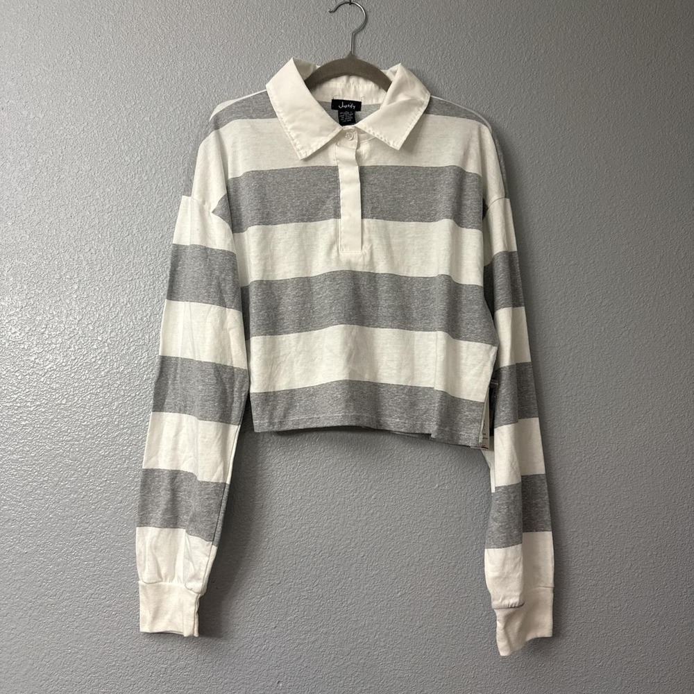 Justify White and Grey Striped Long Sleeve Polo Style Crop Top Shirt